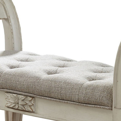 46 Inches Tufted Fabric Padded Wooden Accent Bench, Antique White - View 3