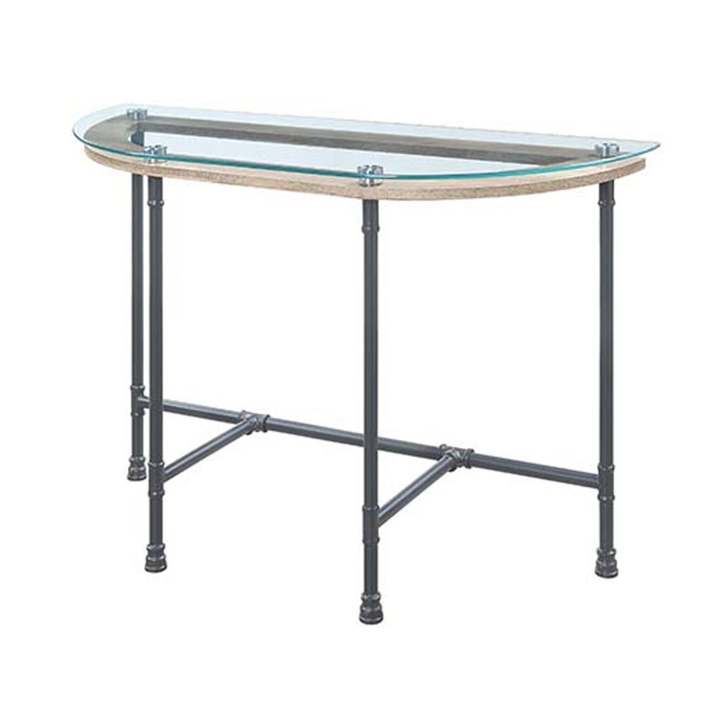 Wood Side Table, Oval Tempered Glass Top, Metal Pipe Style Legs, Clear Glass, Sandy Gray - View 4