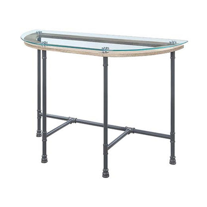 Wood Side Table, Oval Tempered Glass Top, Metal Pipe Style Legs, Clear Glass, Sandy Gray - View 4
