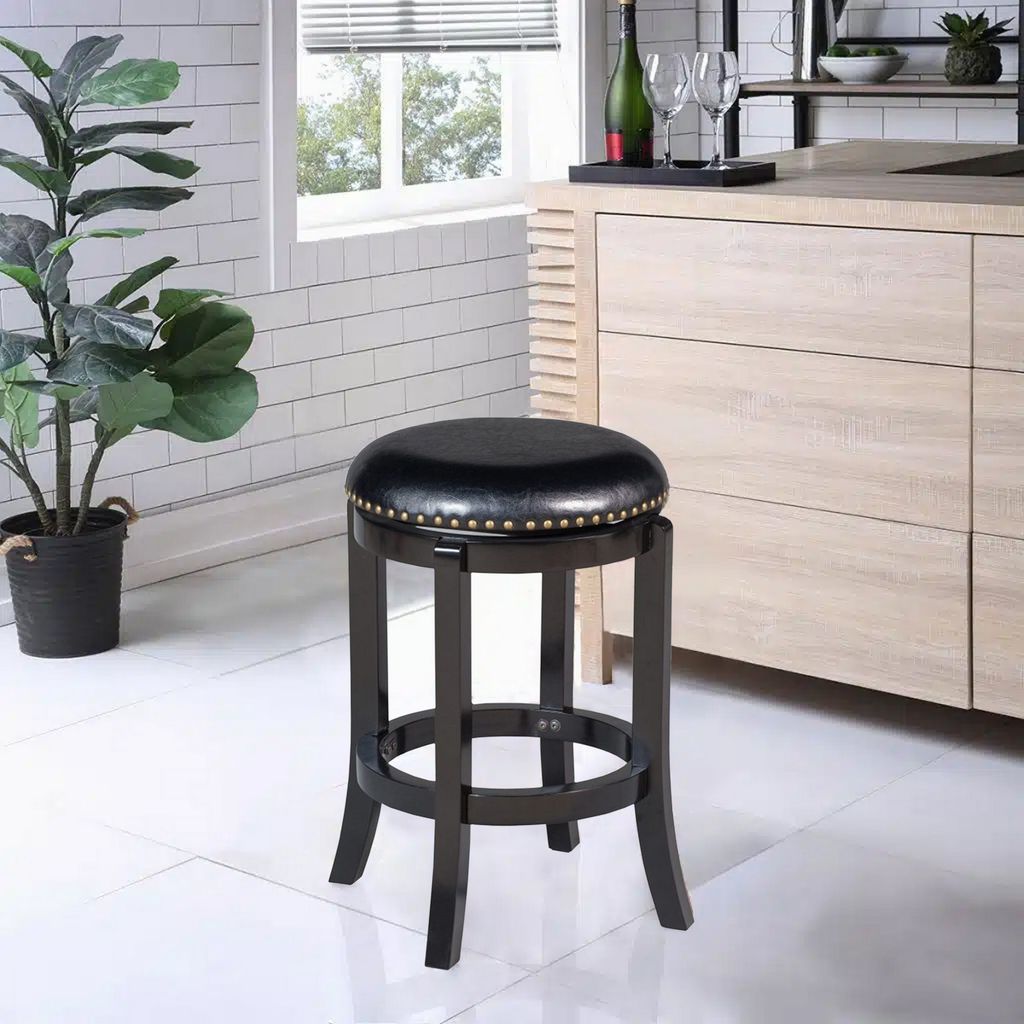 Nailhead Trim Round Leatherette Swivel Counter Stool with Flared Leg, Black - View 6