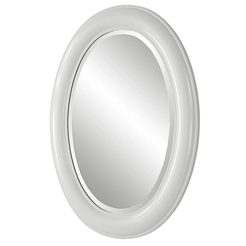 29 Inch Wood Wall Mirror, Beaded Oval Shape, White - View 3