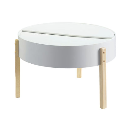 Round Wooden Coffee Table with Hidden Storage, White and Brown