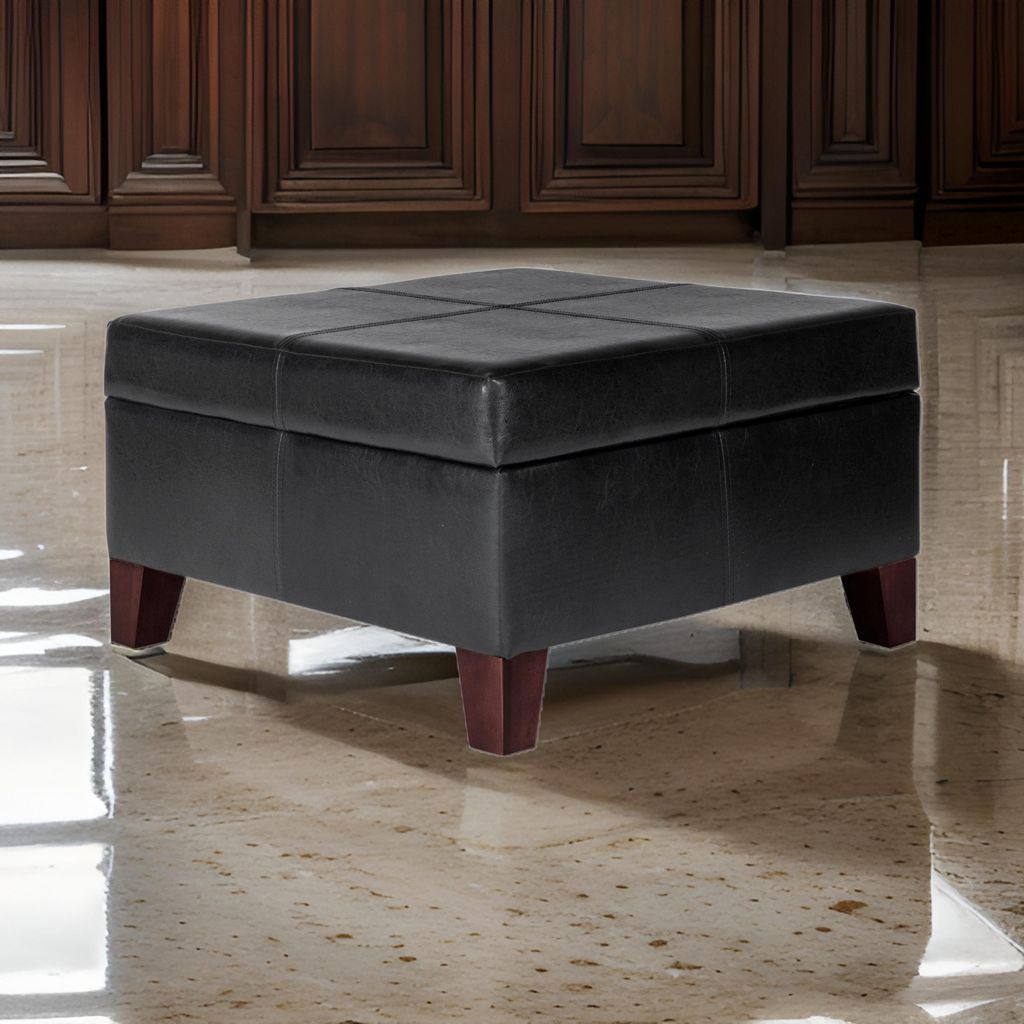Leatherette Upholstered Wooden Ottoman With Hinged Storage, Black and Brown, Large - View 7