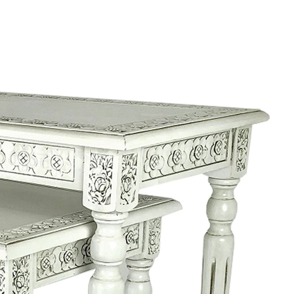 Elegantly Engraved Wooden Frame Nesting Table, Set of 2, Antique White - View 2
