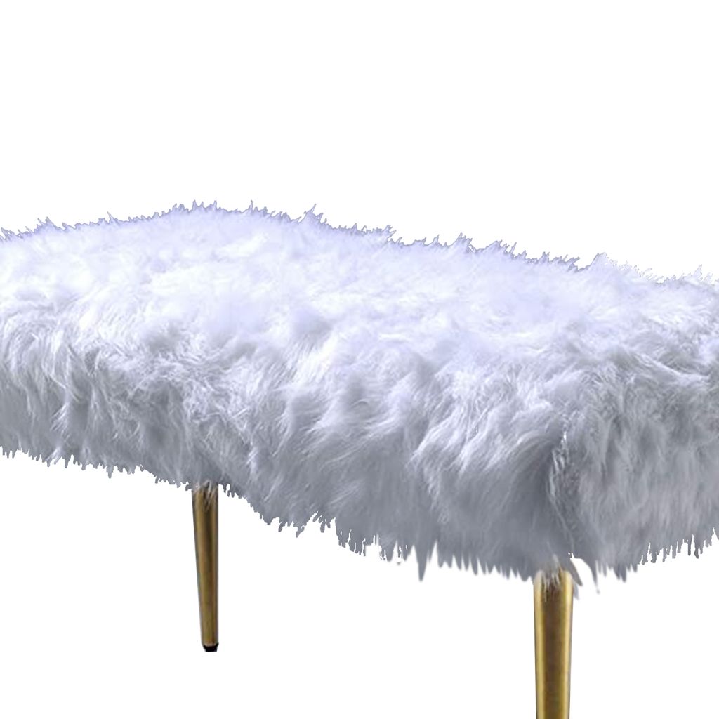 Modern Style Faux Fur Upholstered Metal Bench with Tapered Legs, White and Gold - View 4