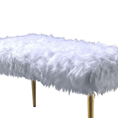 Modern Style Faux Fur Upholstered Metal Bench with Tapered Legs, White and Gold - View 4