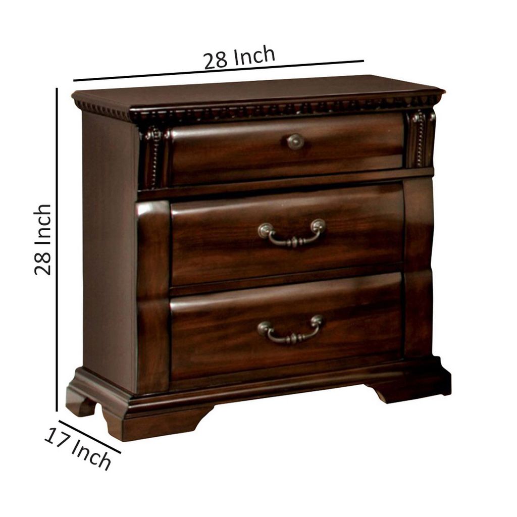 28 Inch Bedside Nightstand, 3 Drawers with Pewter Handles, Classic Dark Cherry Brown Solid Wood - View 6