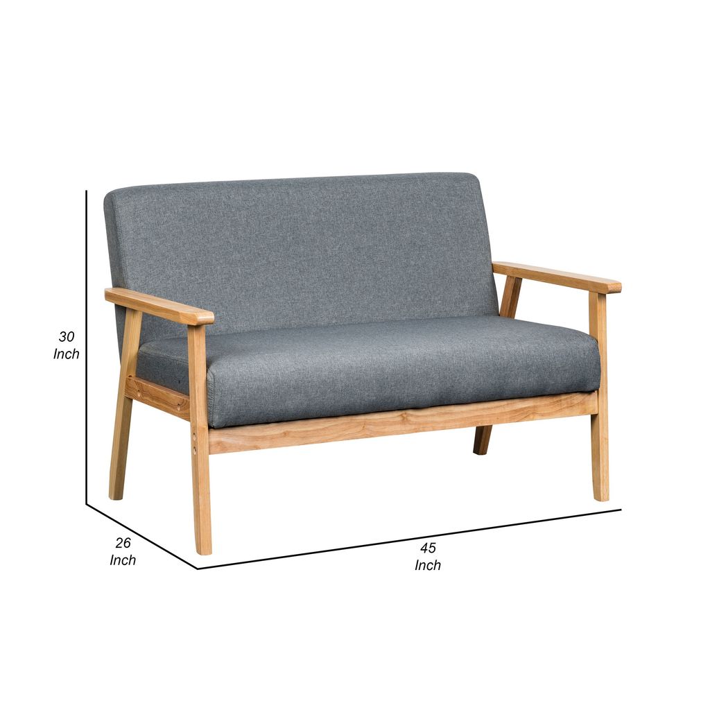 Gala 45 Inch Modern Loveseat Bench, Gray Fabric, Natural Brown Wood Frame - View 5