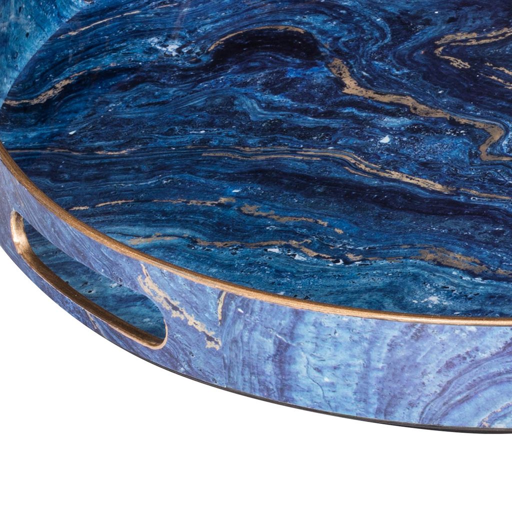 Set of 2 Round Accent Trays, Tabletop Decor, Marbling, Blue, Gold Marbling - View 4