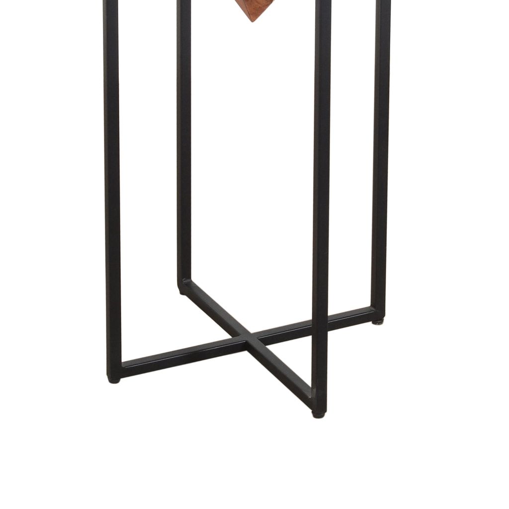 Ida 30 Inch Pyramid Shape Acacia Wood Side Table With Cross Iron Base, Brown and Black - View 4