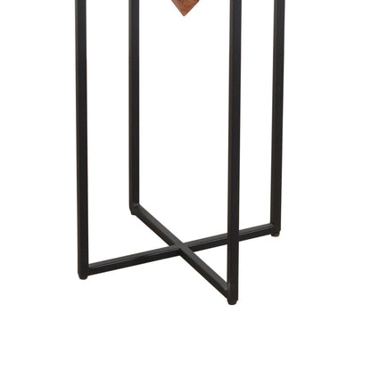 Ida 30 Inch Pyramid Shape Acacia Wood Side Table With Cross Iron Base, Brown and Black - View 4