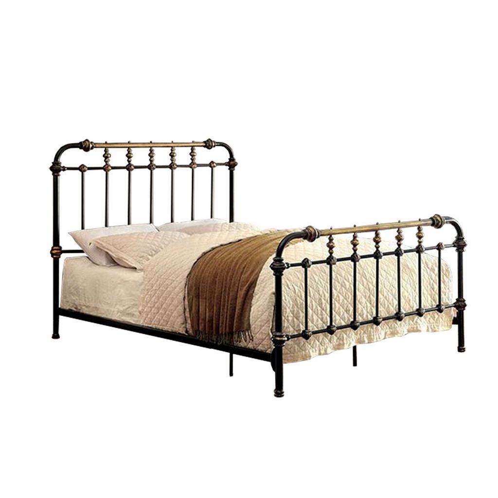Curved Headboard Metal Full Size Bed with Spindles, Black and Gold - View 7
