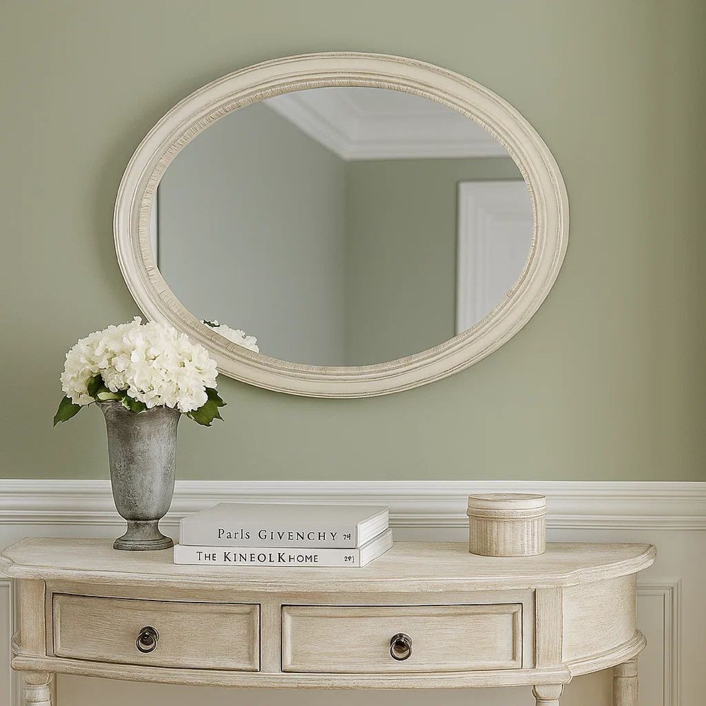 Oval Shaped Wooden Mirror with Molded Details, Antique White - View 7