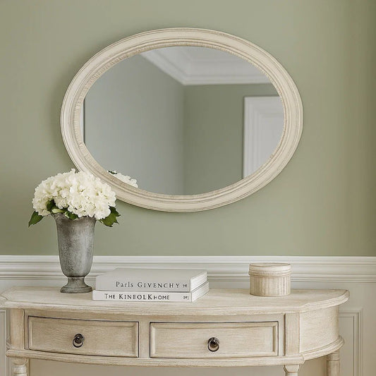 Oval Shaped Wooden Mirror with Molded Details, Antique White - View 7