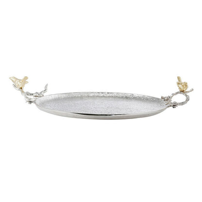 21 Inch Decorative Tray Set of 2, Perched Birds Silver Metal, Large - View 3