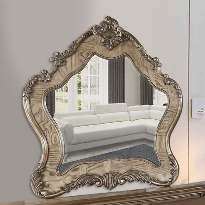 Wooden Mirror with Scrollwork Crown and Trim Details, Brown and Silver - View 6