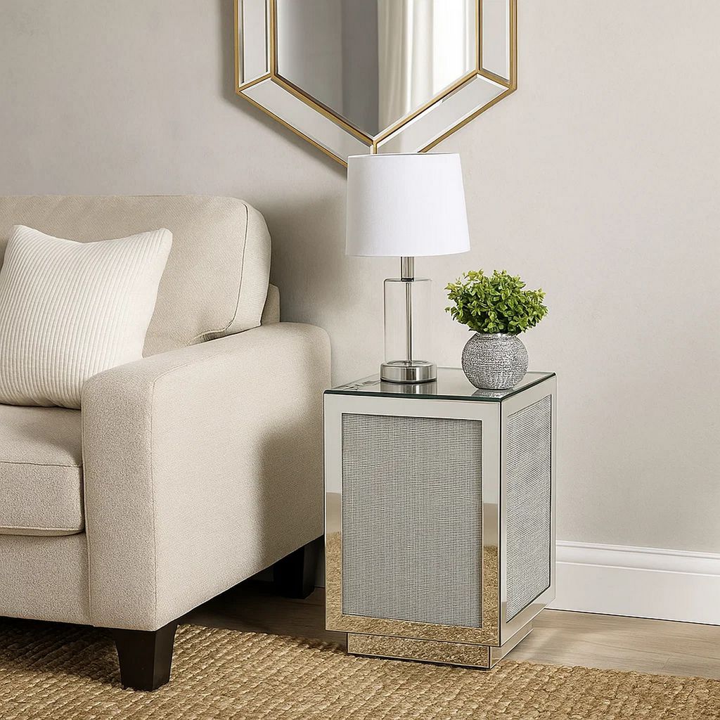 Mirrored Accent Table with Faux Diamond Inlay and Glass Top, Silver - View 7
