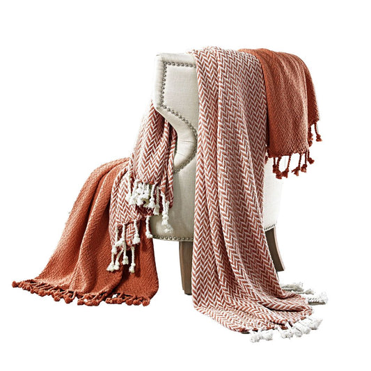 Calabria Herringbone Cotton Throw The Urban Port, Set of 2, Red and White