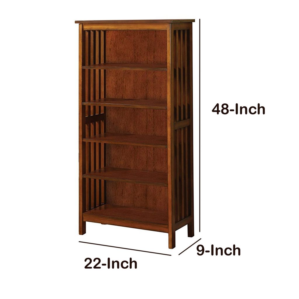 5 Tier Wooden Media Shelf with Slatted Side Panels, Oak Brown - View 6