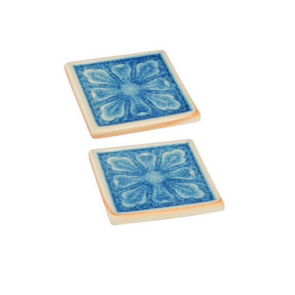 Square Shaped Ceramic Coaster with Intricate Detail, Blue and Cream, Set of Four - View 5