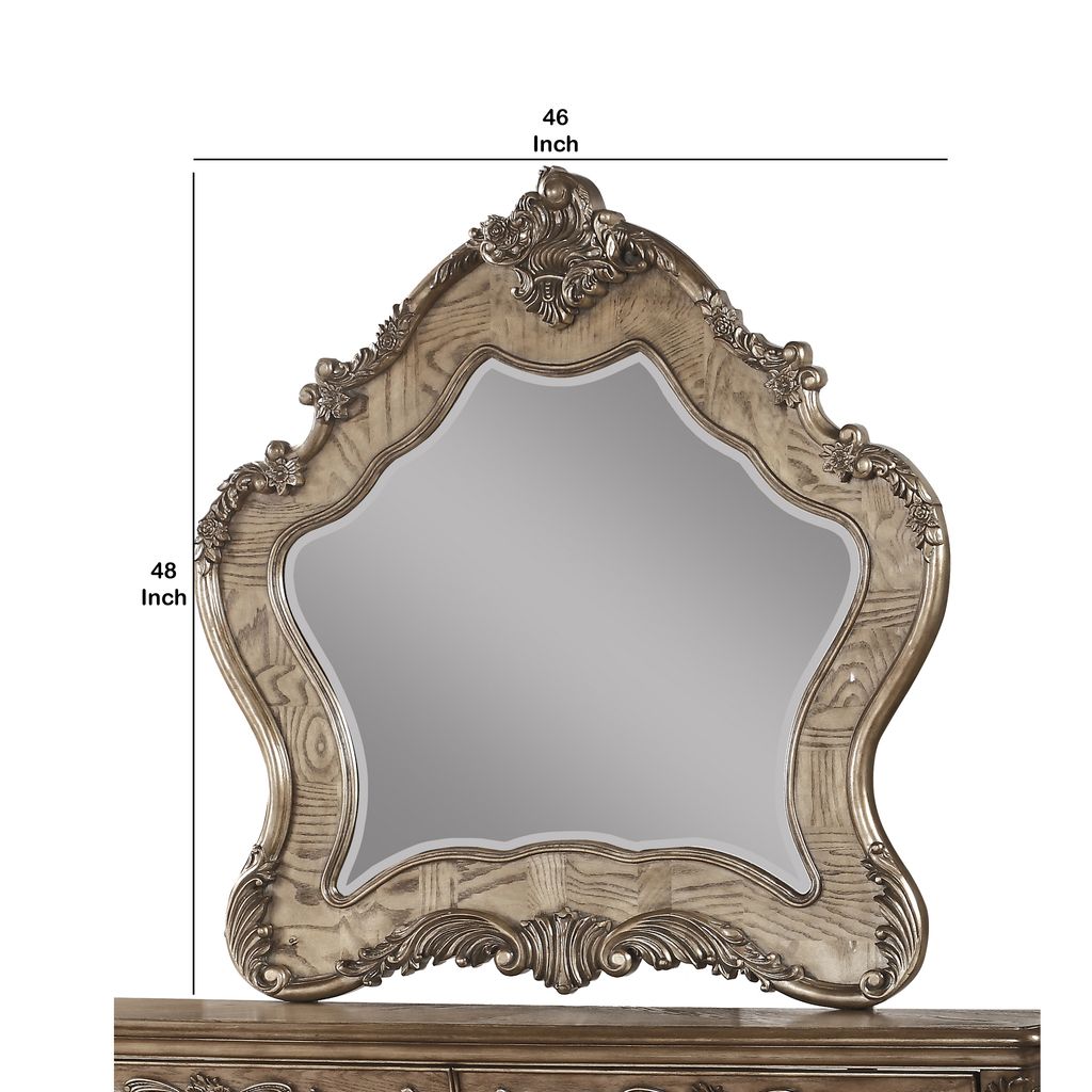 Wooden Mirror with Scrollwork Crown and Trim Details, Brown and Silver - View 5