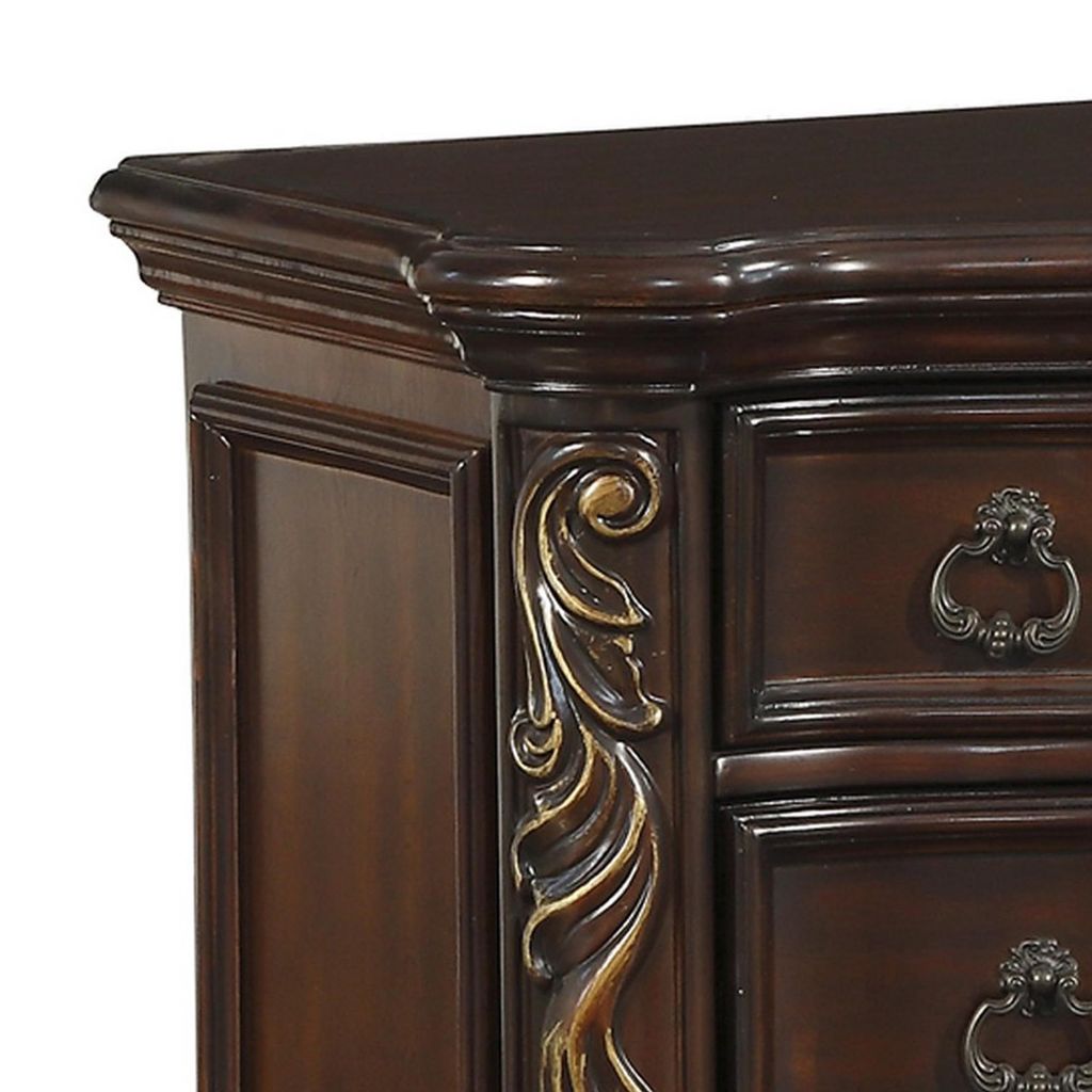 3 Drawer Nightstand with Carved Pilaster and Bracket Feet, Cherry Brown - View 3
