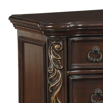 3 Drawer Nightstand with Carved Pilaster and Bracket Feet, Cherry Brown - View 3