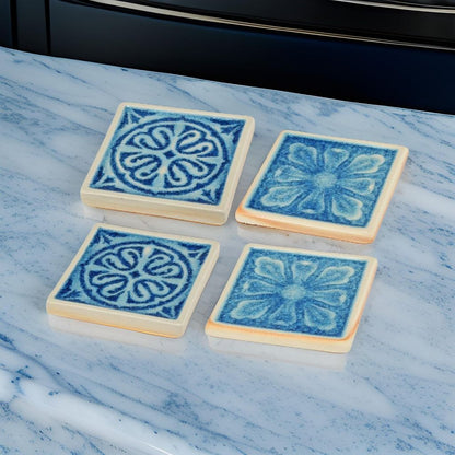 Square Shaped Ceramic Coaster with Intricate Detail, Blue and Cream, Set of Four - View 7