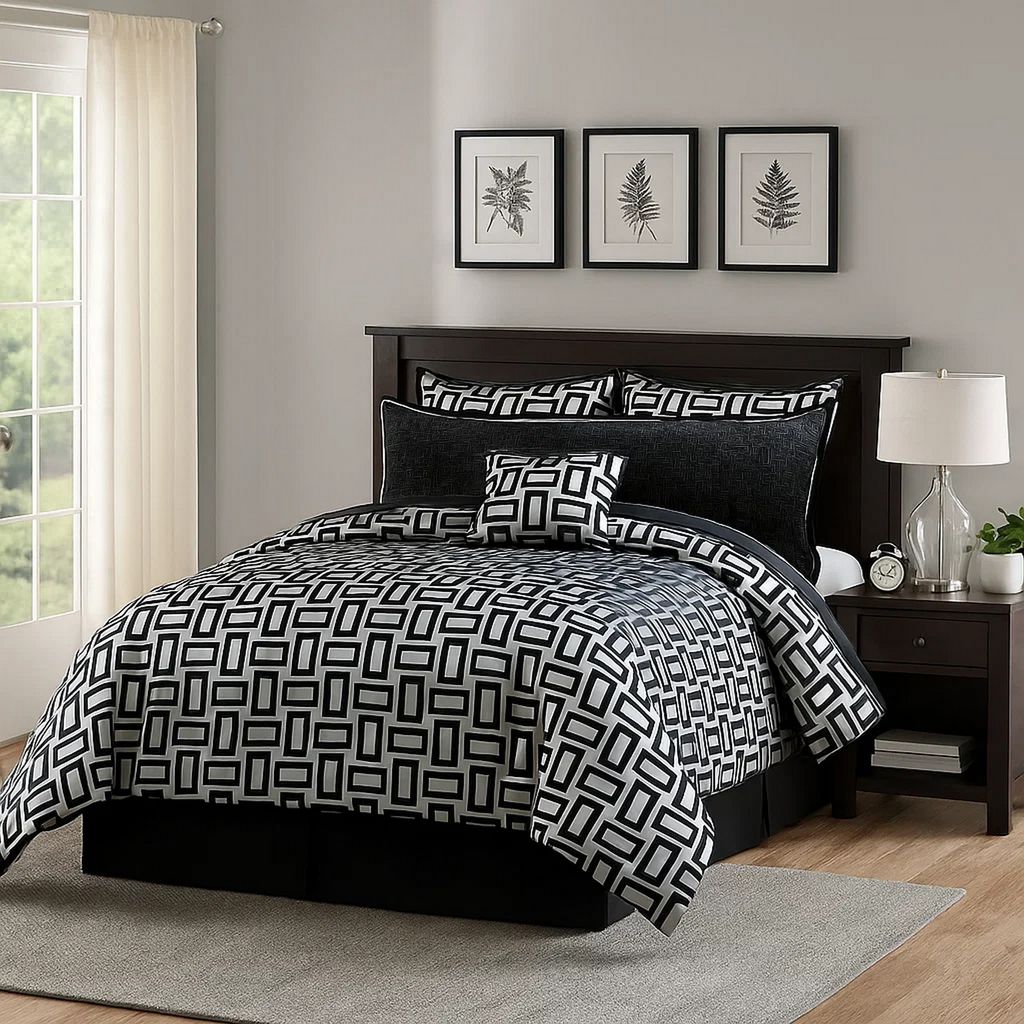 6 Piece Polyester Queen Comforter Set with Geometric Print, Gray and Black - View 7