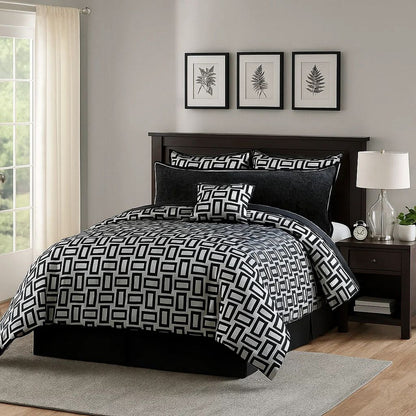 6 Piece Polyester Queen Comforter Set with Geometric Print, Gray and Black - View 7