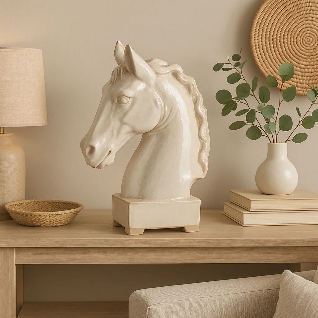 Transitional Style Ceramic Horse Head Decor Piece, Large, Beige - View 7