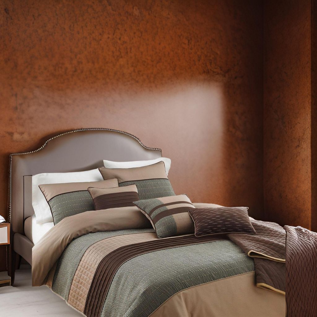 7 Piece Queen Comforter Set with Pleats and Texture, Gray and Brown - View 7