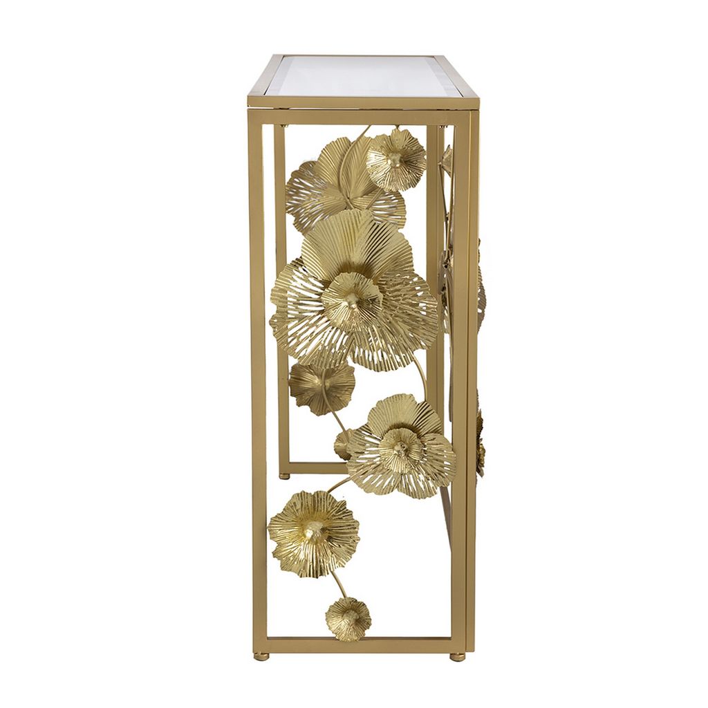 39 Inch Mirrored Top Console Table, Elegant Floral Design, Iron, Matte Gold - View 2