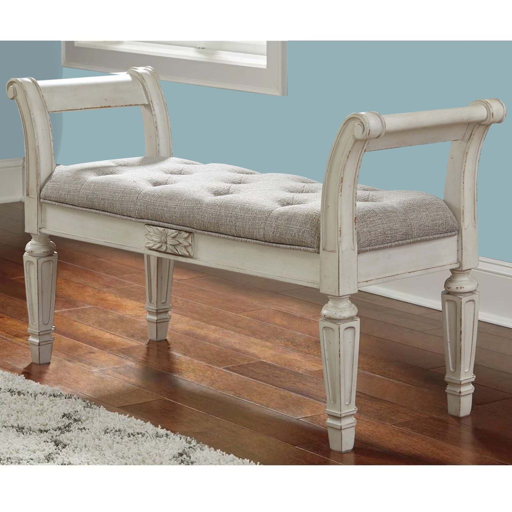 46 Inches Tufted Fabric Padded Wooden Accent Bench, Antique White - View 7