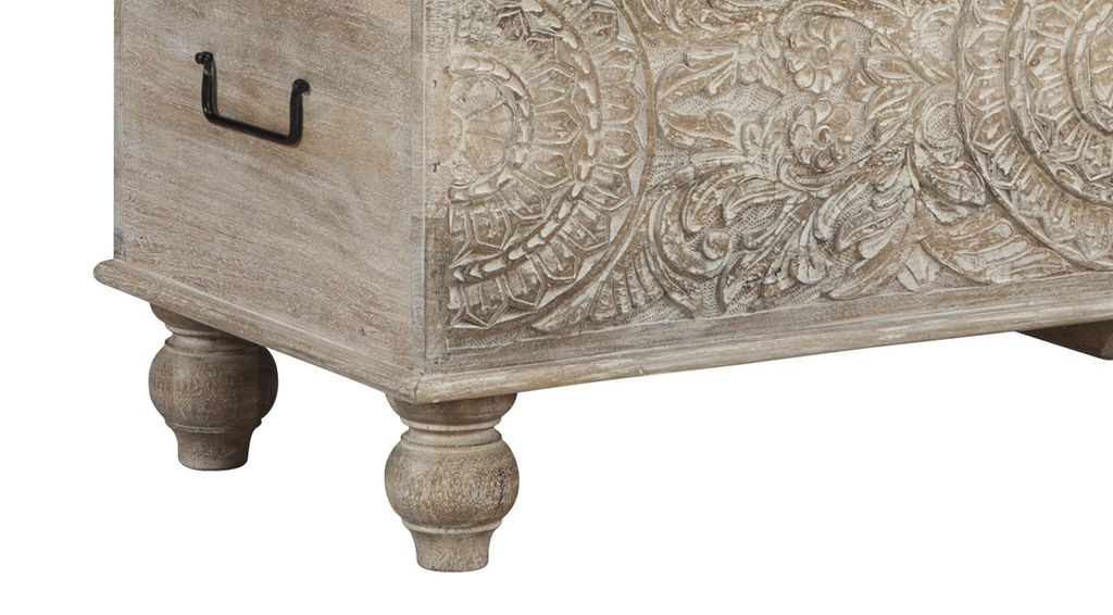 Medallion Pattern Wooden Storage Bench, Hinged Opening, Antique White, Black - View 4