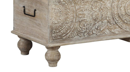 Medallion Pattern Wooden Storage Bench, Hinged Opening, Antique White, Black - View 4