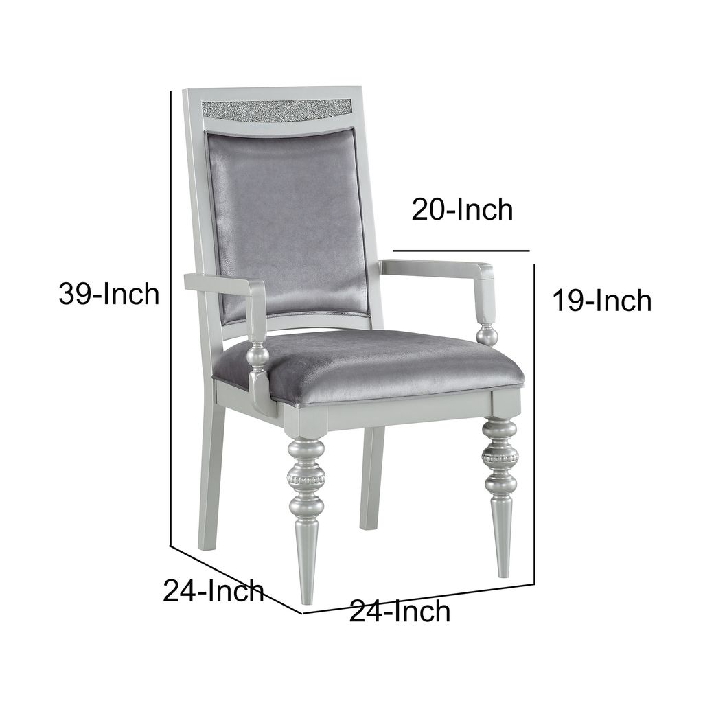 Crystal Inlaid Fabric Upholstered Wooden Arm Chair, Set of 2, Silver - View 5
