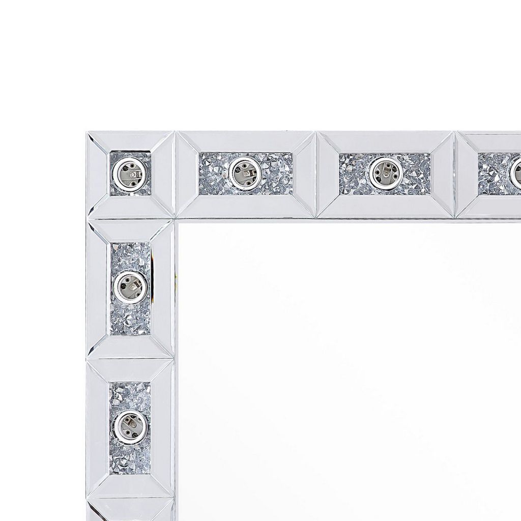 Mirror Panel Frame Wall Decor with Light Function and Faux Diamond, Silver - View 3
