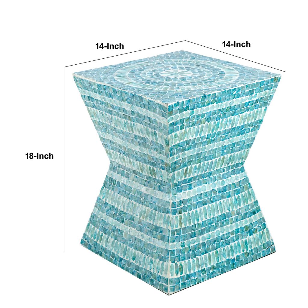 14 Inch Capiz Accent Table Stool, Blue Mosaic Geometric Hourglass Shape - View 6