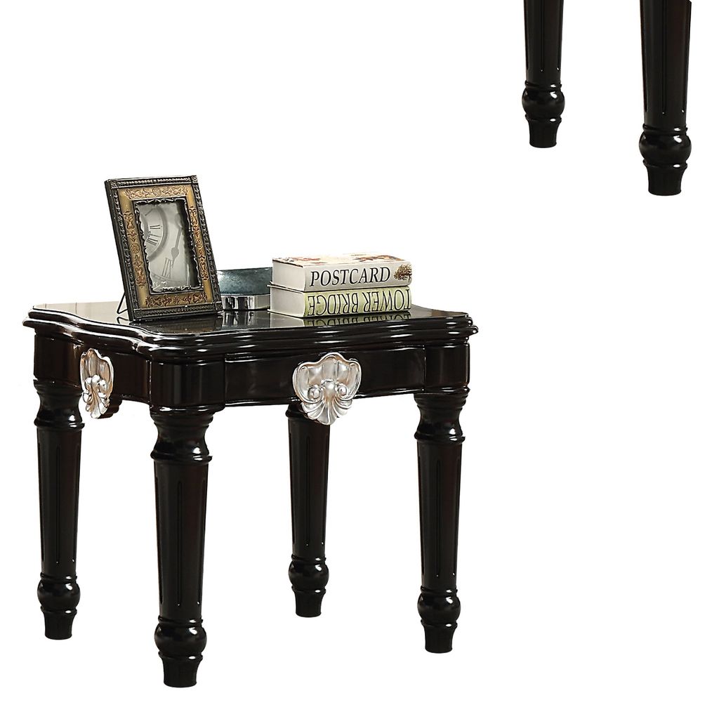 Wooden End Table With Contrast Carved Motif Turned Legs, Black - View 5