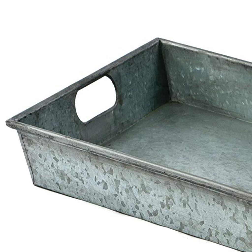 Benzara Square Galvanized Metal Tray With Handle, Gray - View 3