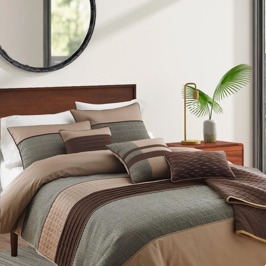7 Piece King Polyester Comforter Set with Pleats and Texture, Gray and Brown - View 6