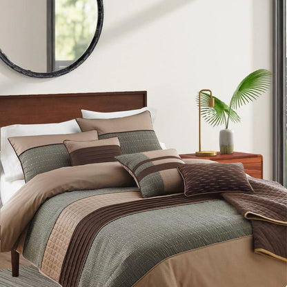 7 Piece King Polyester Comforter Set with Pleats and Texture, Gray and Brown - View 6