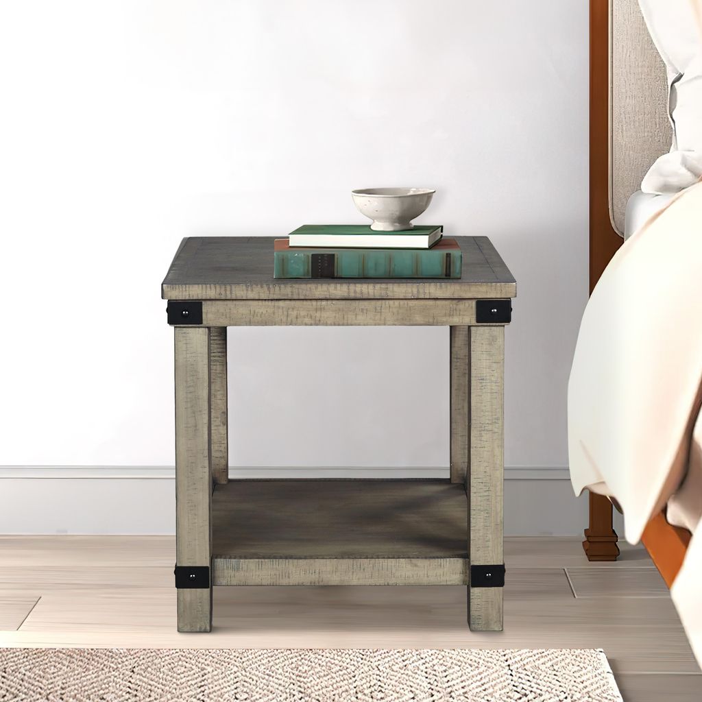 Farmhouse Style End Table with X Shaped Sides and Open Bottom Shelf, Gray - View 7