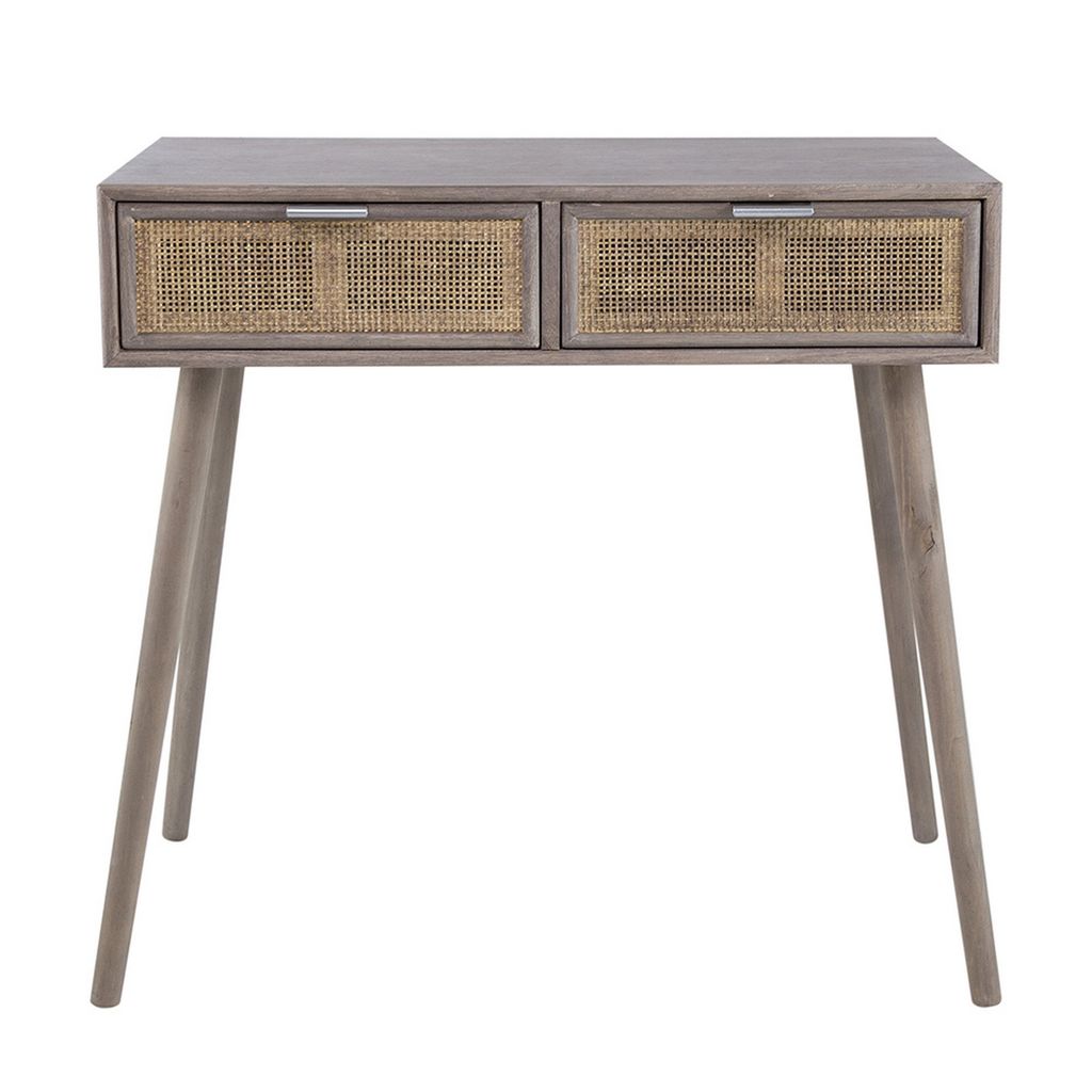 Pia 31 Inch Console Table, Pine Wood, 2 Drawer, Woven Rattan, Rustic Brown - View 2