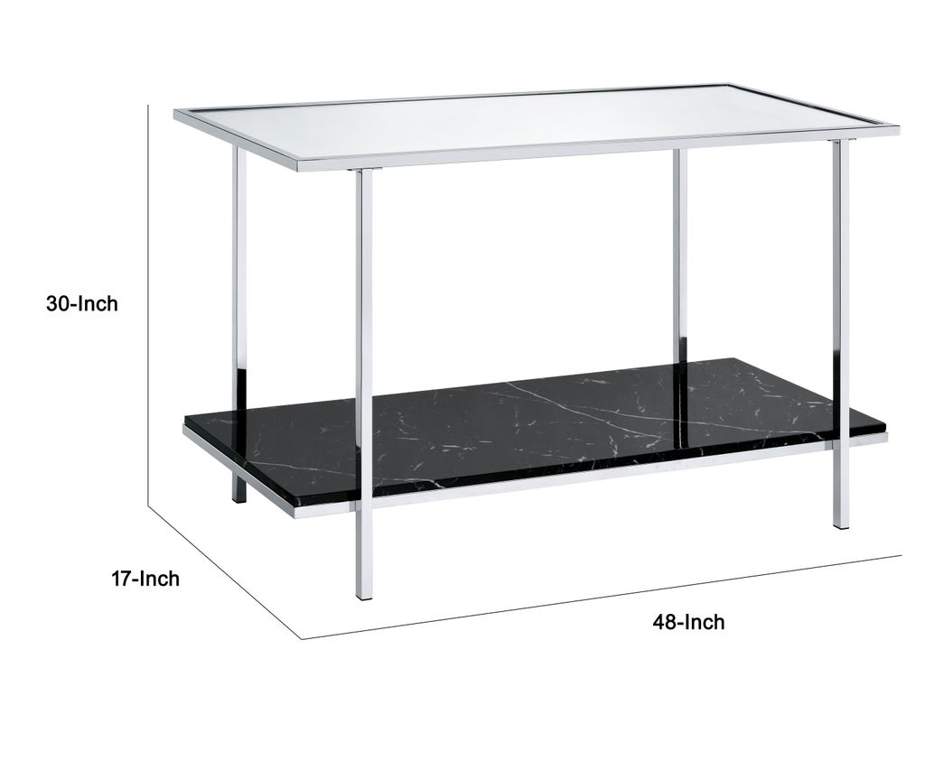 Console Table with Mirror Top and Faux Marble Open Bottom Shelf, Silver - View 6