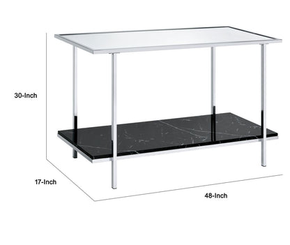 Console Table with Mirror Top and Faux Marble Open Bottom Shelf, Silver - View 6