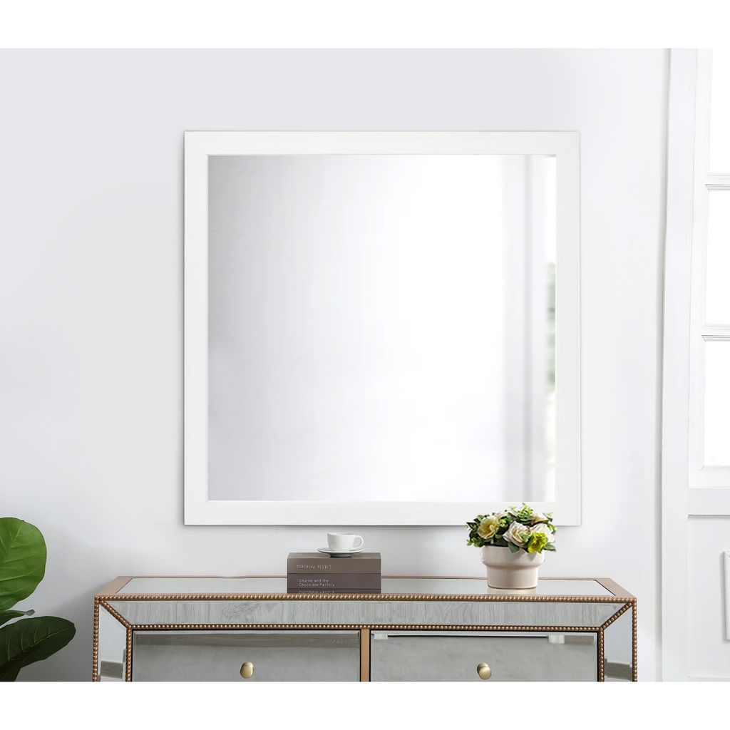 40 Inch Wall Mirror, Sleek Square Wood Frame, White - View 7