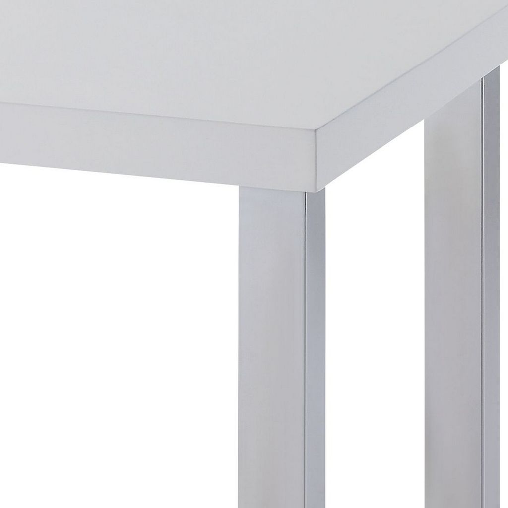 Square Wooden End Table with Straight Metal Legs, White and Chrome - View 3