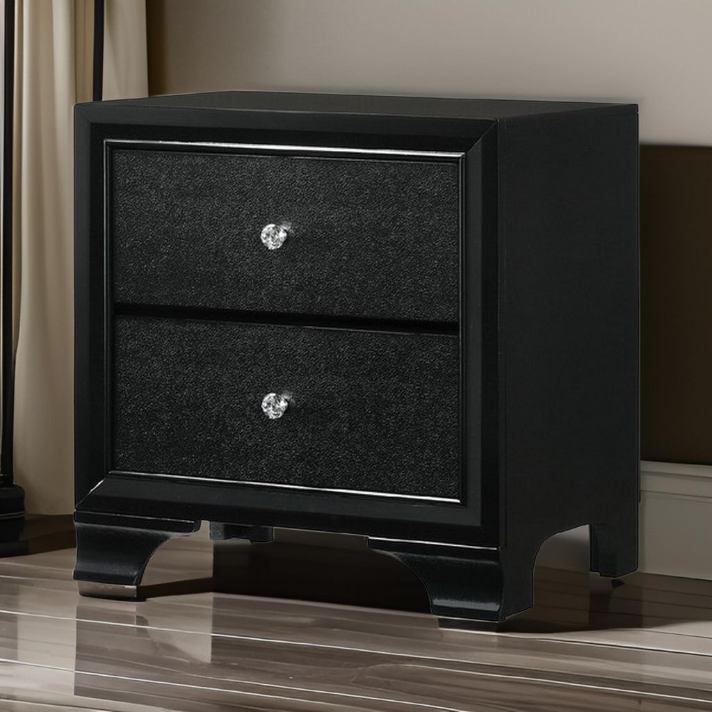 2 Drawer Wooden Nightstand with Textured Details and Crystal Pulls, Black - View 7